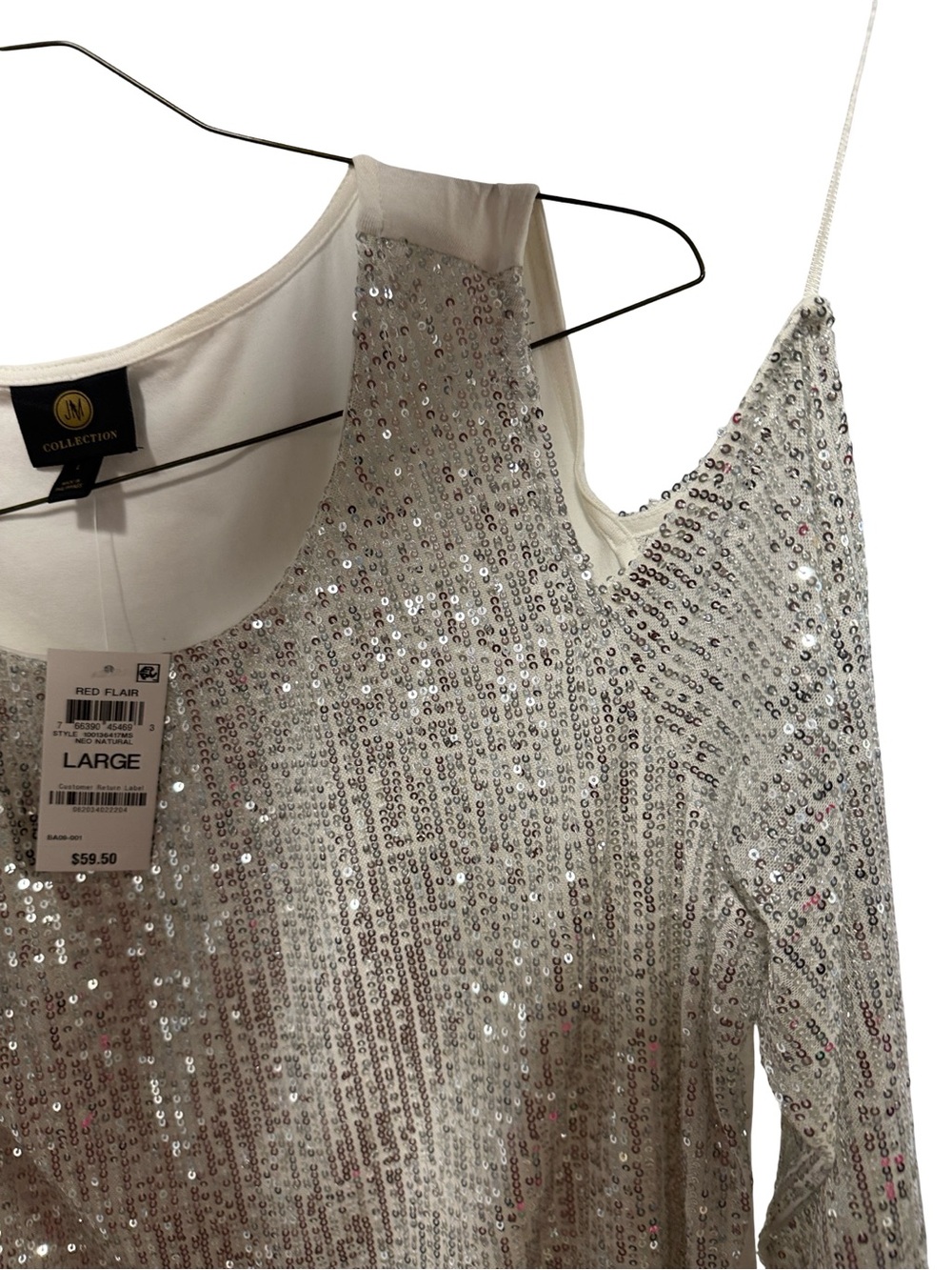 JM Collection Silver Sequin Cold Shoulder Blouse - Picture 5 of 5